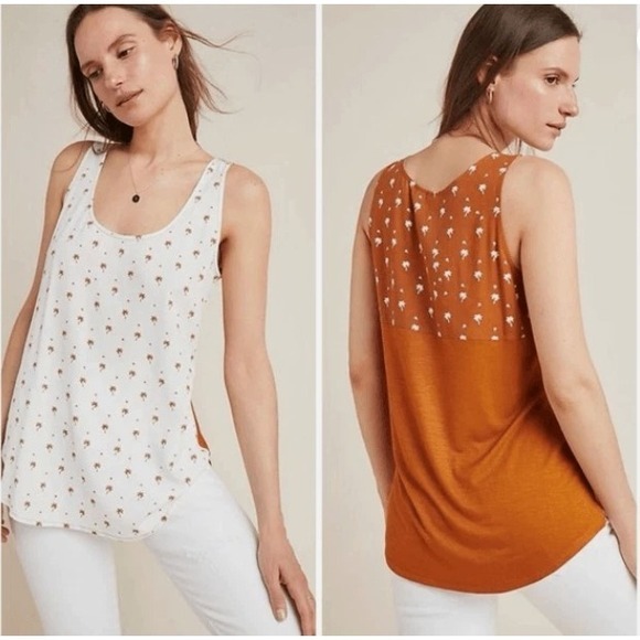Dolan Anthropologie‎ Palm Tank Top Sleeveless Casual Summer Blouse Brown Ivory S - Picture 2 of 6